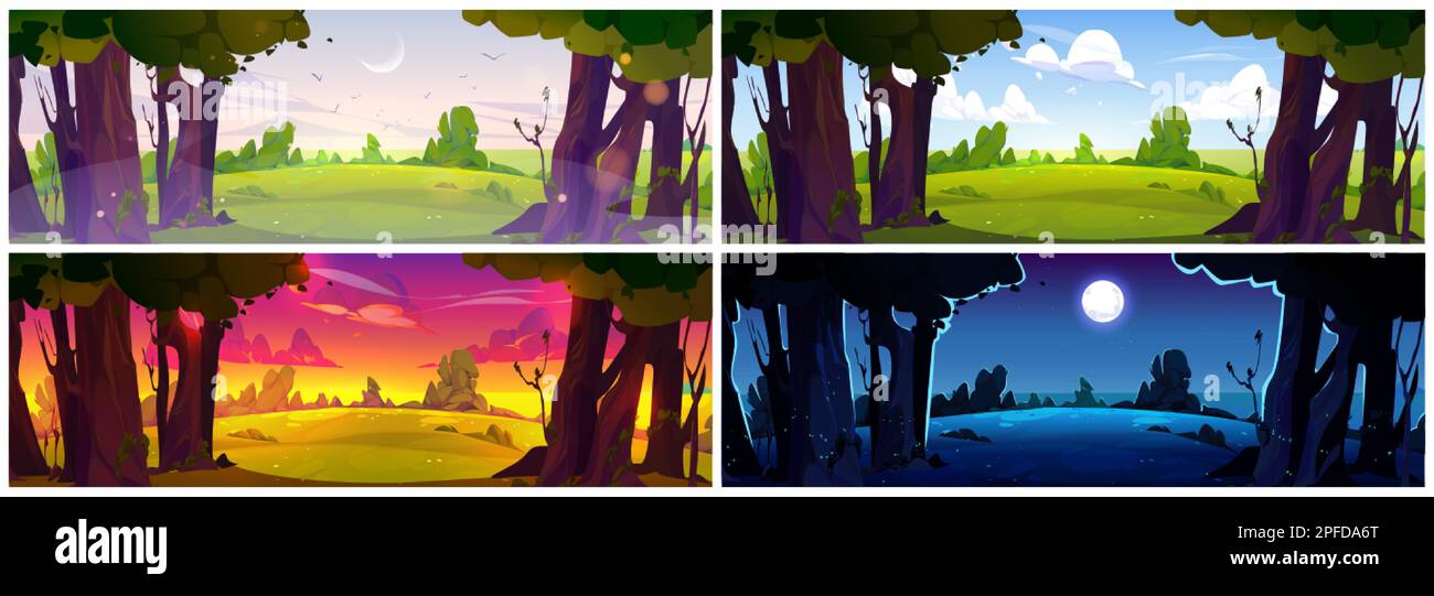 Paesaggio notturno, diurno, mattutino e serale. Campagna estiva con boschi, alberi e campi con erba verde a diverse ore del giorno, cartoni animati vettoriali Illustrazione Vettoriale