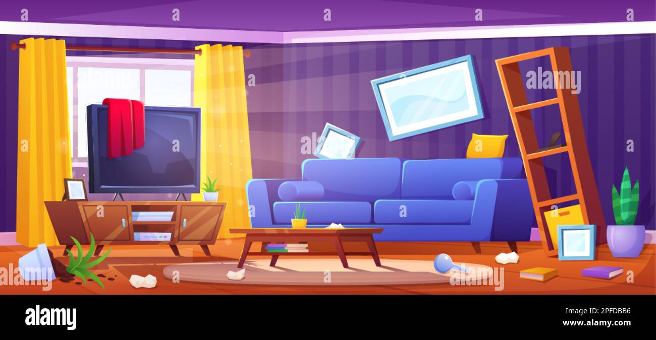 Disordinato soggiorno interno design. Disegno vettoriale del disordine nel paese con i vestiti e la spazzatura sparsi sopra il pavimento, il divano e la tv, rotto Illustrazione Vettoriale