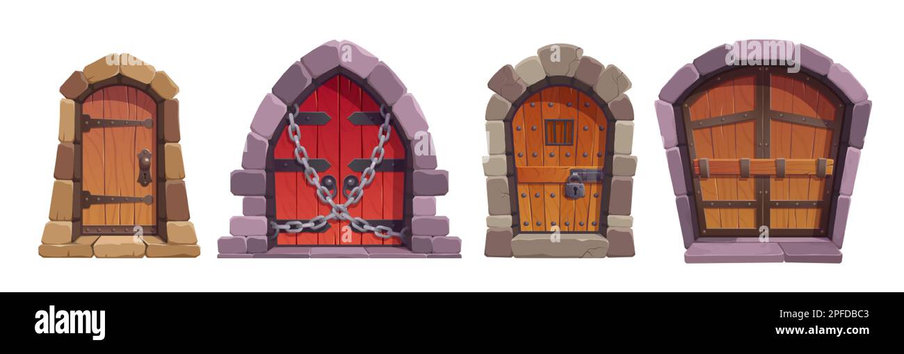 Set di cartoni animati di castello medievale o porte di prigione isolata su sfondo bianco. Illustrazione vettoriale di vecchie porte in legno con arco in pietra, catena in ferro e. Illustrazione Vettoriale