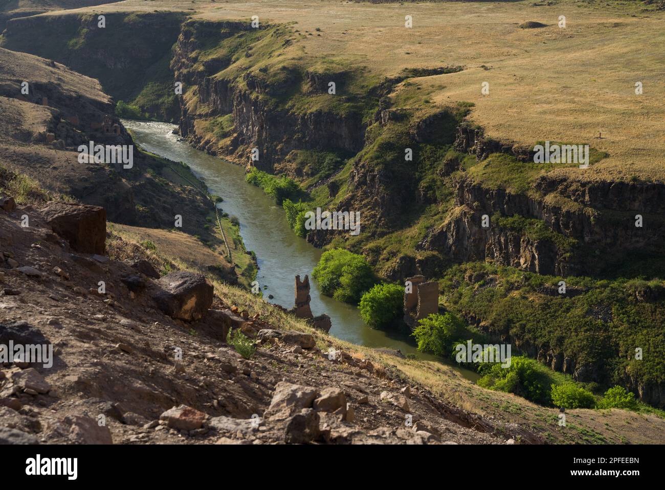 Il fiume nel canyon. Ruscello di Arpacay. Il vecchio ponte nell'antica città di Ani. Linea di confine turco-armeno. Kars, Turchia Foto Stock