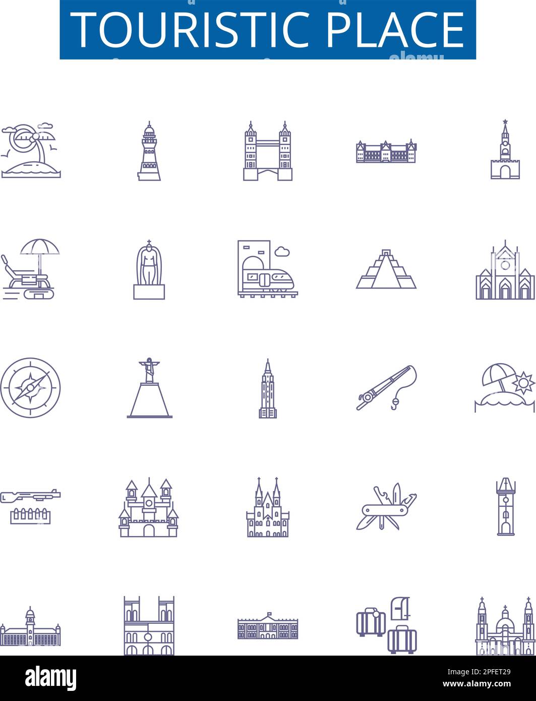 Luogo turistico linea icone segnaletica set. Progettare la collezione di turisti, luoghi, destinazioni, attrazioni, visite turistiche, vacanza, esplorare, contorno attrazione Illustrazione Vettoriale