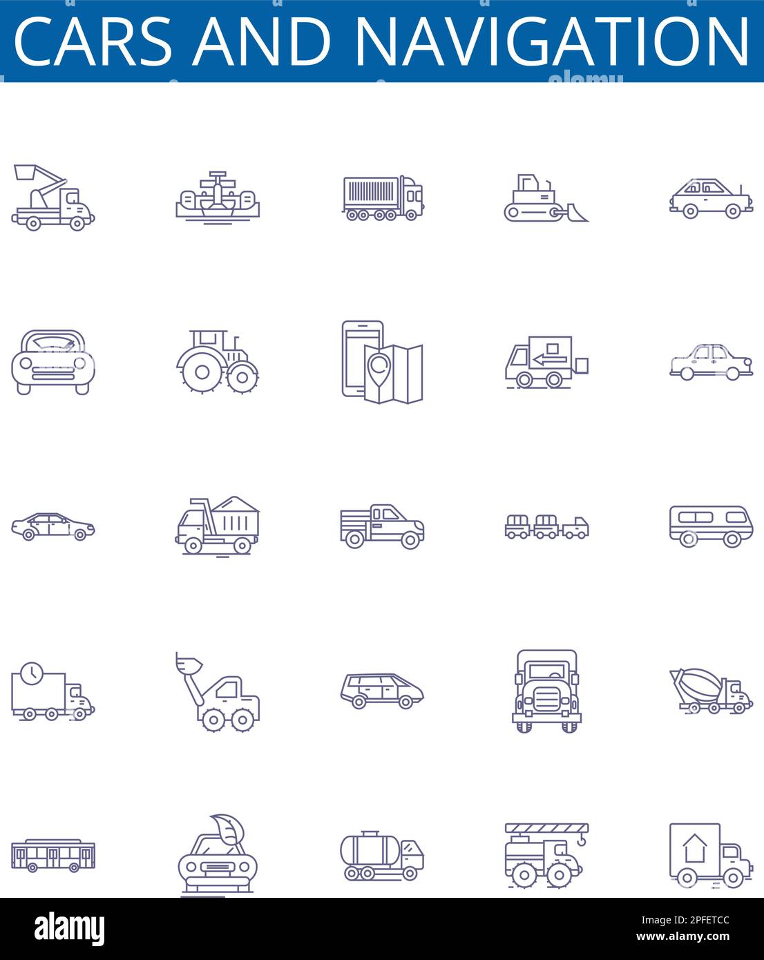 Set di segnali per le icone delle linee di navigazione e delle vetture. Collezione di design di automobili, navigazione, automobili, guida, mappe, Concetto di strade, GPS, vista stradale Illustrazione Vettoriale