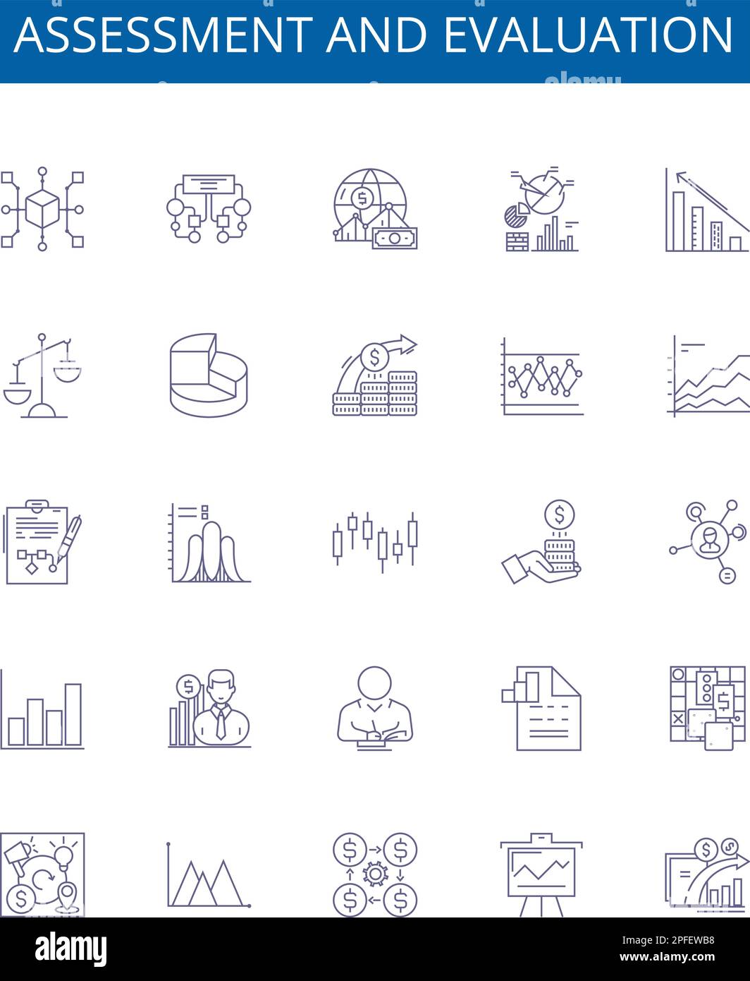 Set di simboli delle icone delle linee di valutazione e valutazione. Raccolta di progetti di valutazione, valutazione, analisi, misurazione, feedback, revisione, valutazione, test Illustrazione Vettoriale