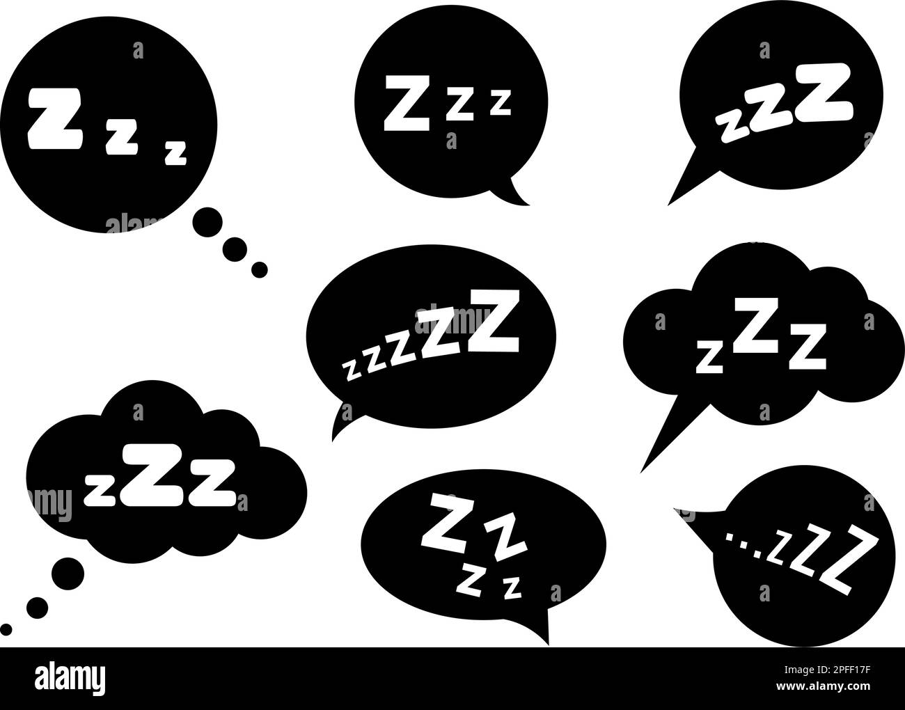 ZZZ SLEEP snore testo in nero bolle voce vettore icone set. Illustrazione Vettoriale