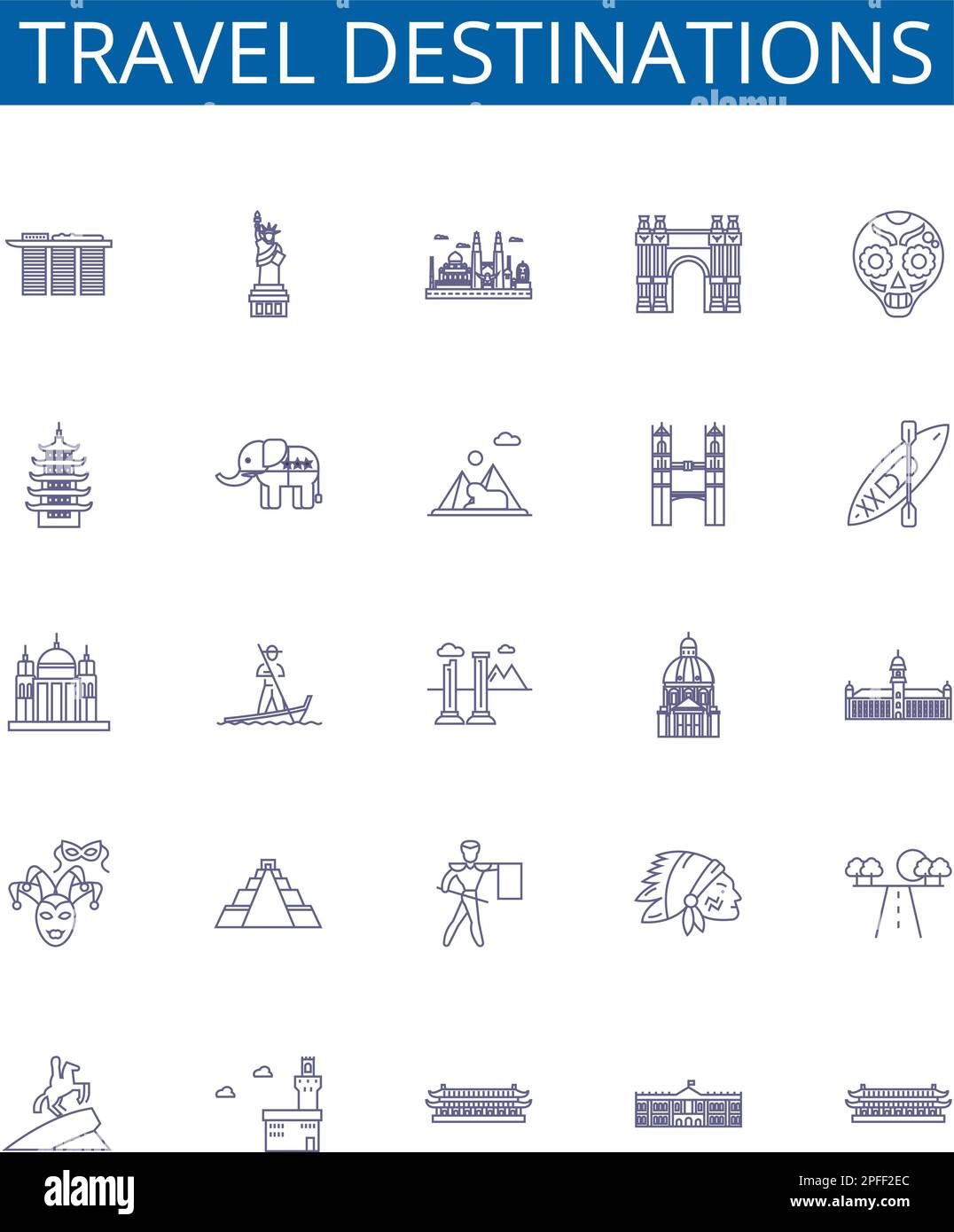 Set di simboli delle icone delle linee delle destinazioni di viaggio. Collezione di design di India, Messico, Francia, Giappone, Italia, Thailandia, Spagna, Canada delineano il concetto vettore Illustrazione Vettoriale