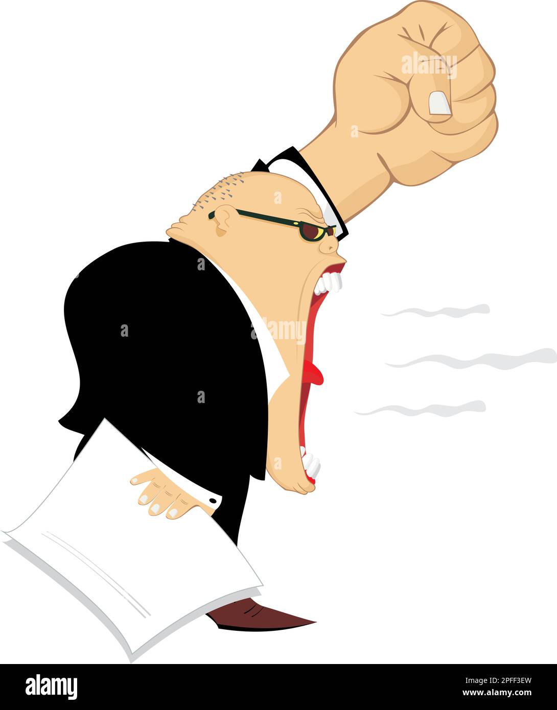Boss arrabbiato con pugno sollevato. Gridare capo arrabbiato con pugno sollevato e carte in mano Illustrazione Vettoriale