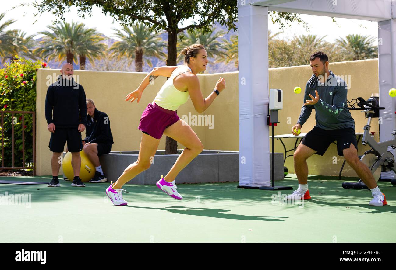 Aryna Sabalenka della Bielorussia prima della quarta finale del torneo di tennis 2023 BNP Paribas Open, WTA 1000 il 15 marzo 2023 a Indian Wells, USA - Foto: Rob Prange/DPPI/LiveMedia Foto Stock