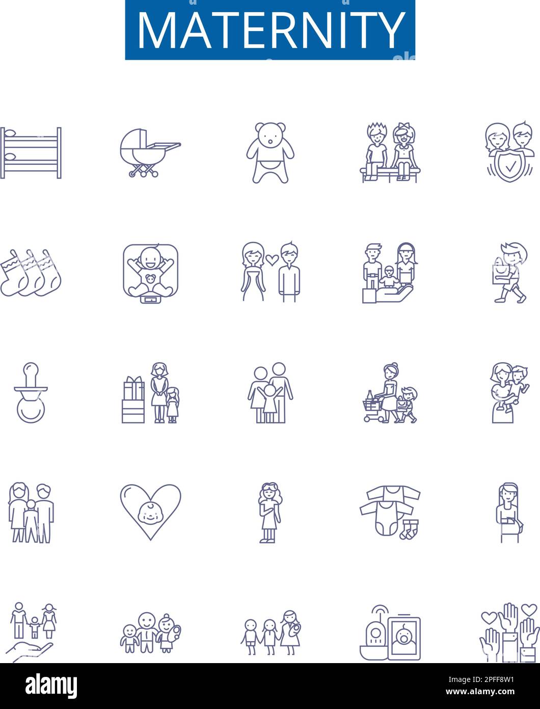 Linea maternità icone segni set. Progettare la collezione di gravidanza, parto, parto, maternità, infermieristica, contorno di gestazione, neonati, neonati Illustrazione Vettoriale