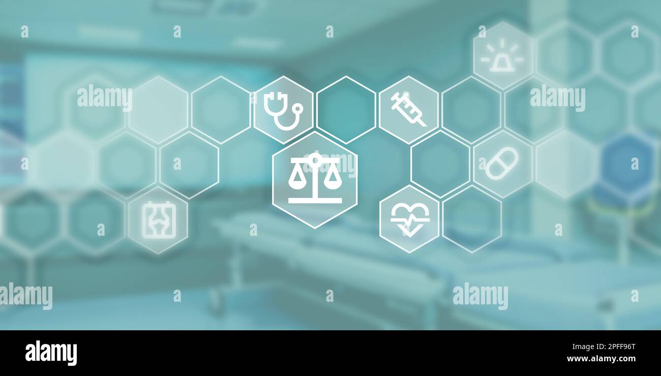 Grafica come immagine simbolica per la medicina e la legge. Icone per i diritti dei pazienti e l'assistenza medica in una rete in un'immagine di sfondo. Foto Stock