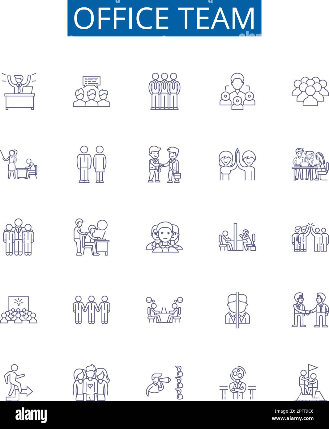 Set di simboli delle icone della linea del team Office. Progettare la raccolta di Office, Team, cooperazione, ambiente di lavoro, collaborazione, Organizzazione, personale, rispetto schema Illustrazione Vettoriale