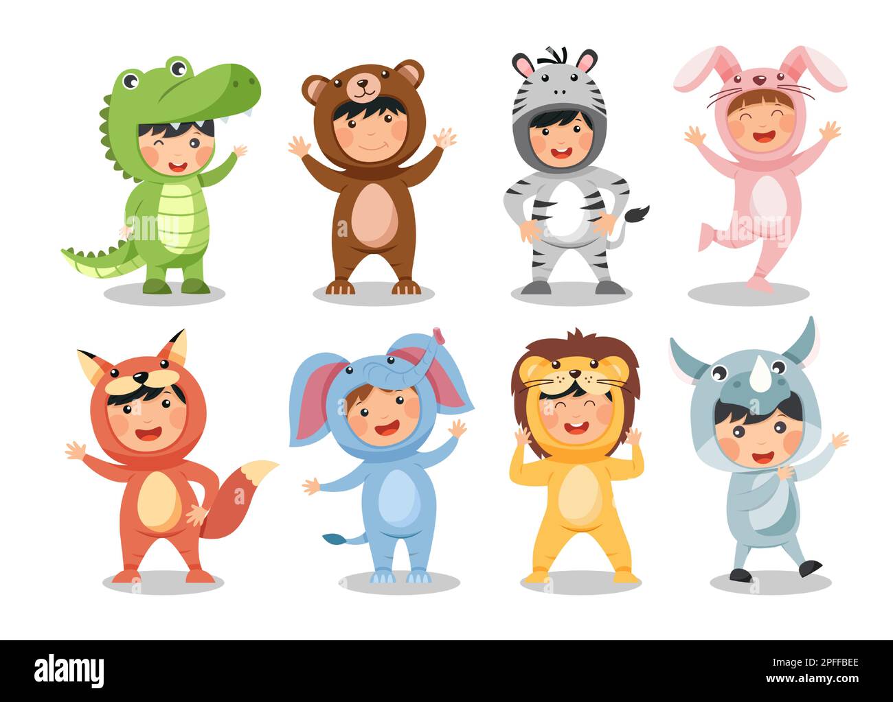 Set di bambini felici indossa costumi di animali . Orso di coccodrillo Zebra Rabbit Fox Leone elefante Rhinoceros . Design di personaggi cartoni animati piatti . Vettore Illustrazione Vettoriale