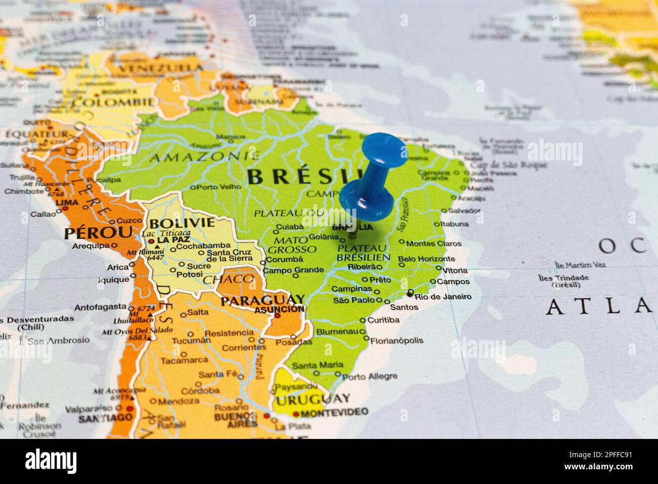 Luogo Brasile. Pin blu sulla mappa. Foto Stock