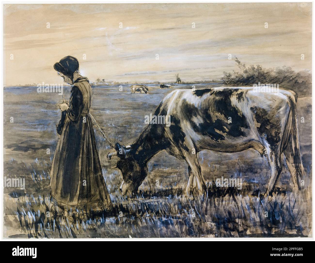 Max Liebermann, ragazza con una mucca, disegno in gesso, pennello & lavaggio, circa 1885 Foto Stock