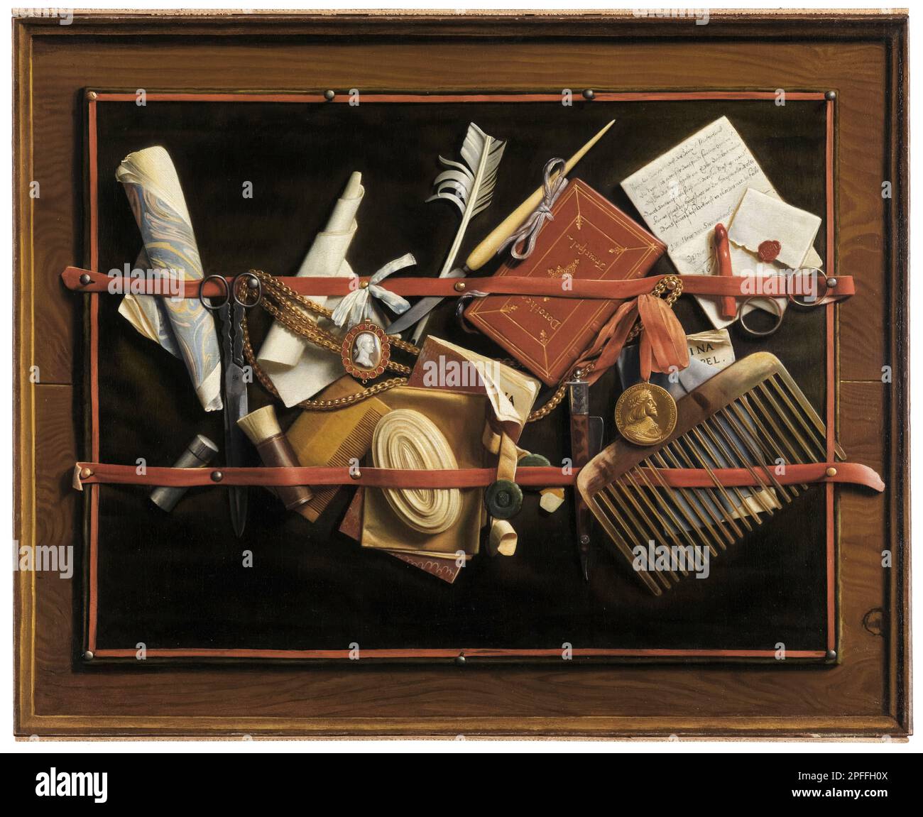 Samuel Dirksz van Hoogstraten, Tromp-l'oeil, pittura di vita morta in olio su tela, 1666-1678 Foto Stock