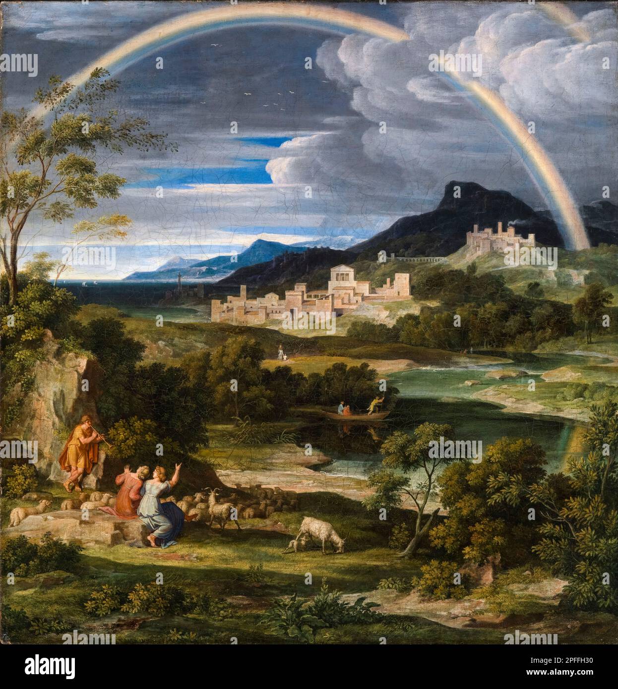 Joseph Anton Koch, eroico paesaggio con arcobaleno, pittura in olio su legno, 1805 Foto Stock