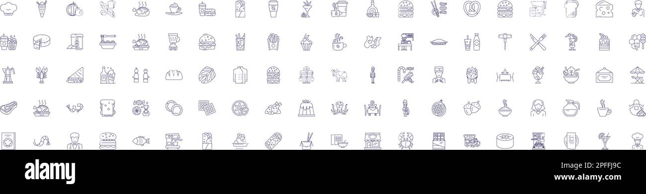 Foodie stile di vita linea icone set di segni. Collezione di design di Gourmet, cucina, Binging, Dieting, cucina, Mangiare, pascolare, bandire il concetto di contorno Illustrazione Vettoriale