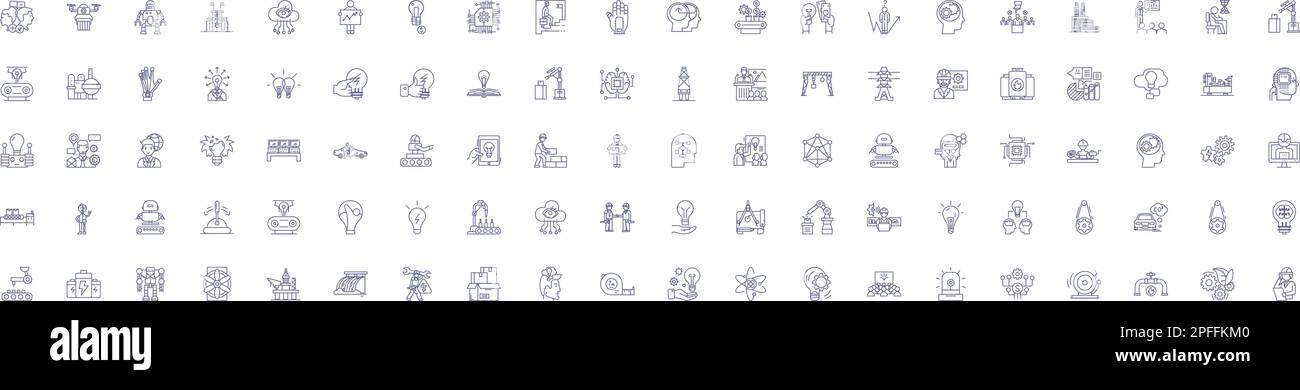 Icone della linea di gestione dell'innovazione set di simboli. Progettare la raccolta di innovazione, gestire, creare, visionario, cambiamento, Sviluppo, strategia, definizione del processo Illustrazione Vettoriale