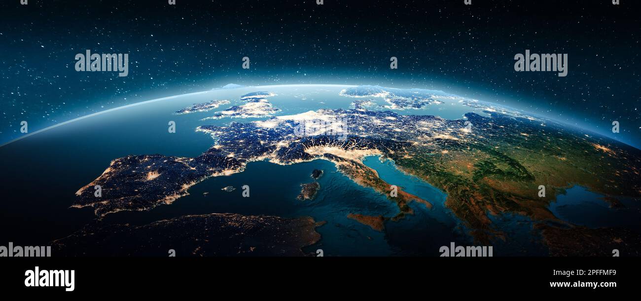 Europa giorno e notte. Elementi di questa immagine forniti dalla NASA. rendering 3d Foto Stock