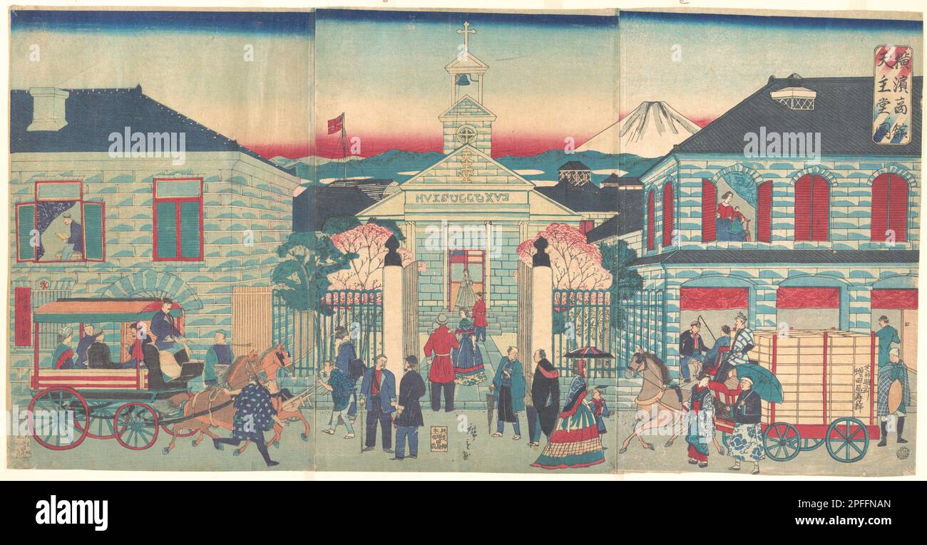Llustration of Foreign Residences and the Catholic Church in Yokohama (Yokohama shōkan tenshudō no zu) artista Utagawa Hiroshige III (1843–1894), Data 1870 Foto Stock