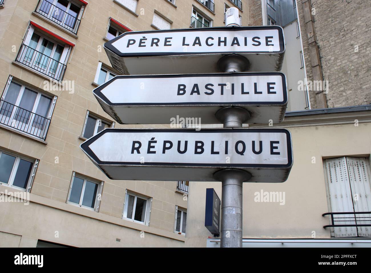 Vista della segnaletica stradale che evidenzia varie destinazioni nel centro di Parigi, Francia. Foto Stock
