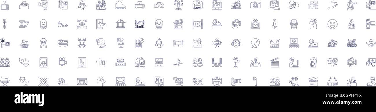 Set di simboli delle icone della linea del film. Collezione di design di film, cinema, produzione, immagini, Blockbuster, Story, Reel, Show Outline Concept Vector Illustrazione Vettoriale