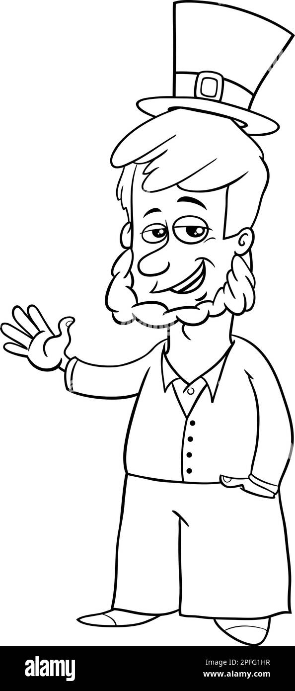 Illustrazione in bianco e nero del personaggio fantasy Leprechaun sulla pagina da colorare del giorno di San Patrizio Illustrazione Vettoriale