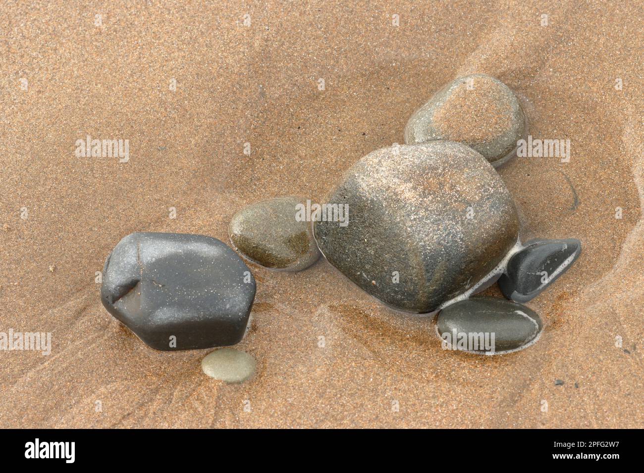 Primo piano su deetails di pietre indossate in forme lisce dal movimento di marea sulla spiaggia a New Quay, Ceredigion, Galles. Foto Stock