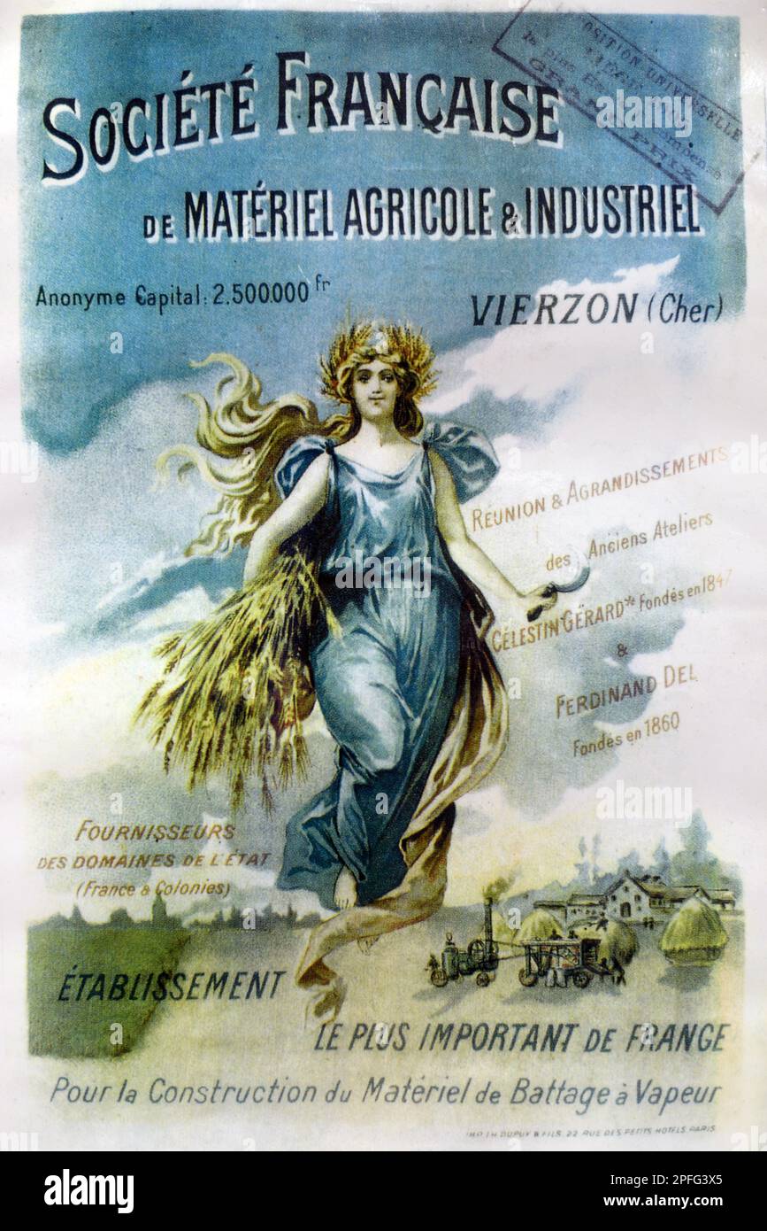 Vintage Vecchio o storico Poster o pubblicità per la Société Francese Francese Francese Francese del Matériel agricole et Industriel o macchine agricole con immagine idealizzata di francese Art Nouveau Donna con raccolto di mais e primi motori a vapore Vierzon Cher Francia. Illustrazione di vintage o Historic Art Nouveau all'inizio del c20th c1910. Foto Stock