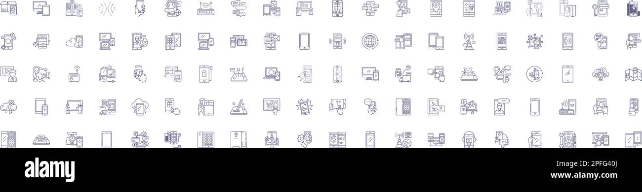 Set di simboli delle icone della linea della tecnologia mobile. Progettare la collezione di smartphone, applicazioni, rete, wireless, GPS, Bluetooth, LTE, 4G vettore di concetto di contorno Illustrazione Vettoriale