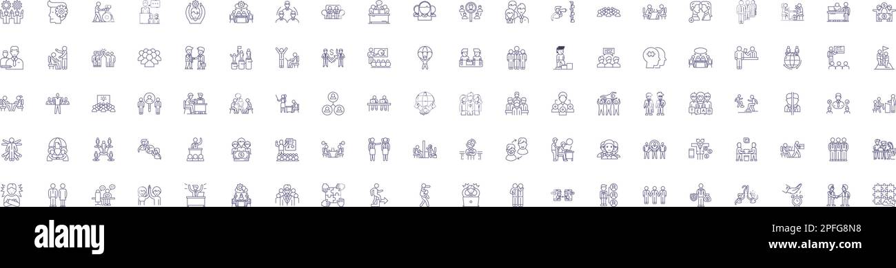 Set di simboli delle icone della linea del team Office. Progettare la raccolta di Office, Team, cooperazione, ambiente di lavoro, collaborazione, Organizzazione, personale, rispetto schema Illustrazione Vettoriale