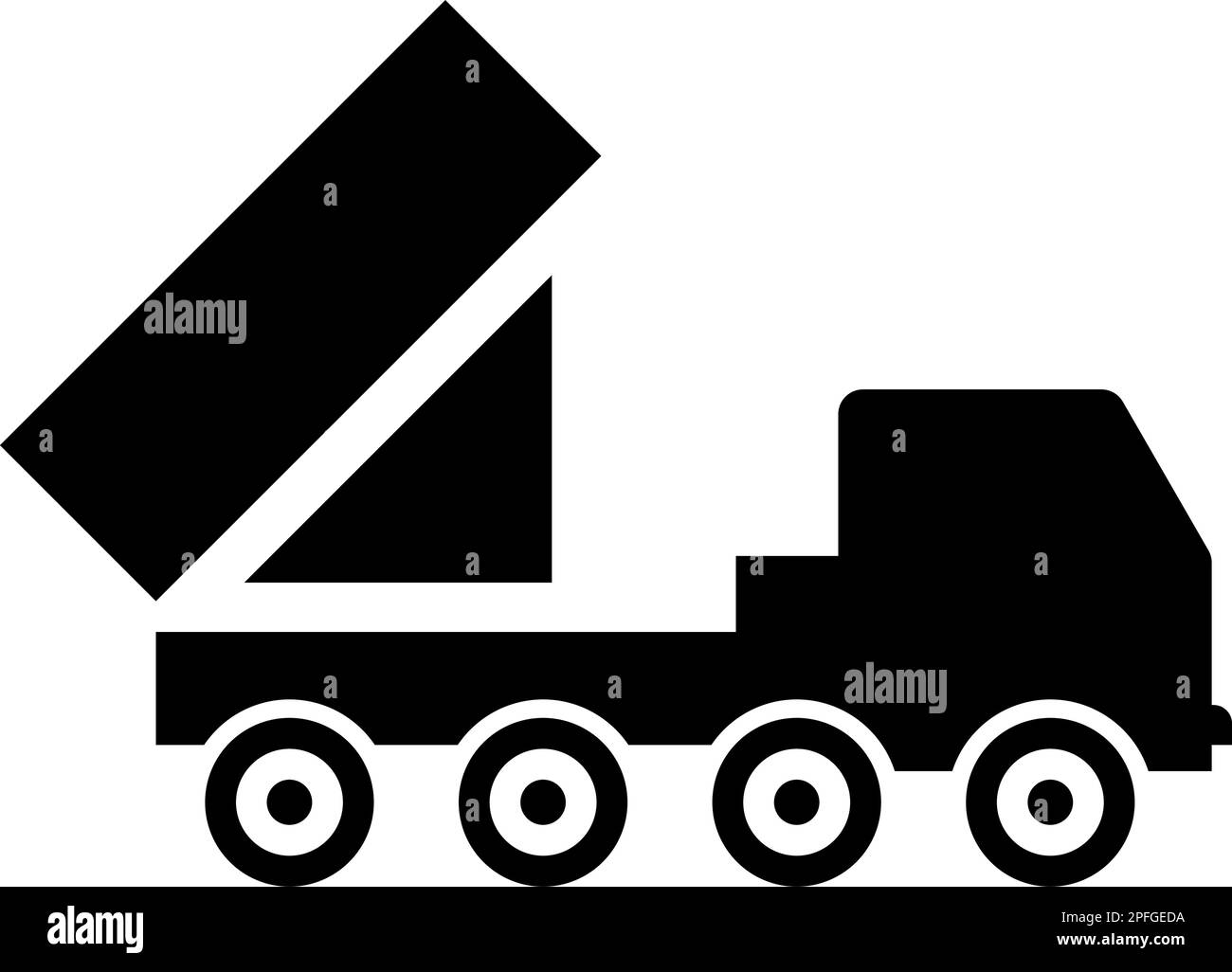 Sistema reattivo volley fuoco salvo artiglieria americana lancio multiplo su telaio gommato alta mobilità militare camion icona vettore colore nero Illustrazione Vettoriale