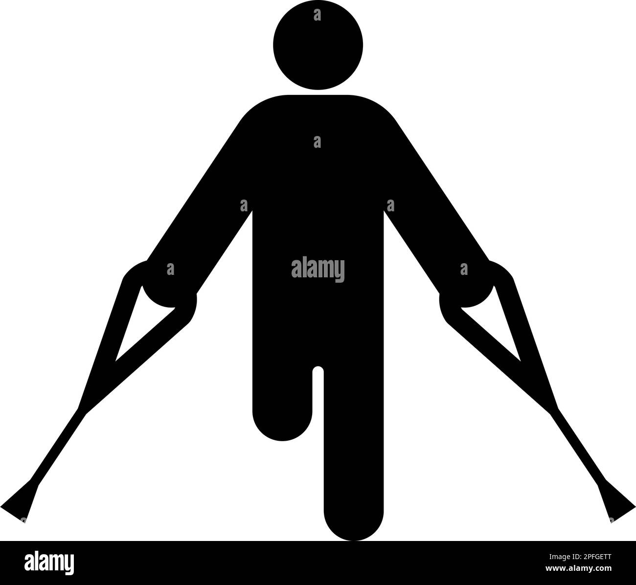Uomo con rotto gamba crutch canna gesso bastone piede con bastoni persona crutches trauma concetto icona nero colore vettore illustrazione immagine piatto stile Illustrazione Vettoriale