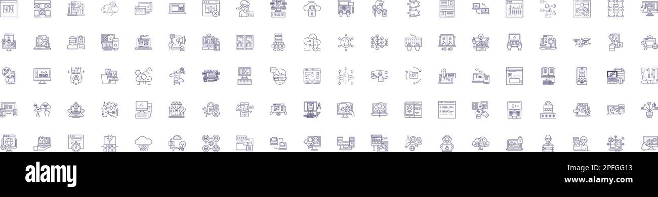 Programmazione, codifica delle icone delle linee, set di simboli. Progettare la raccolta di programmazione, codifica, software, sviluppo, linguaggio, algoritmo, logica, schema di sintassi Illustrazione Vettoriale