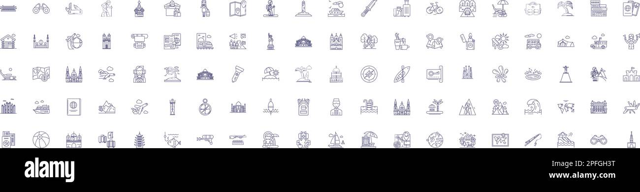 Set di simboli delle icone delle linee di lavoro a distanza. Progettare la raccolta di Remote, Work, Travel, Remote-Work, Remote-Travel, Lavorare in remoto, viaggiare in remoto Illustrazione Vettoriale