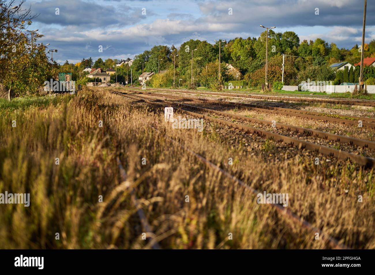 Rotaie ferroviarie alla stazione ferroviaria di merci alla periferia della città di Krasnystaw Foto Stock