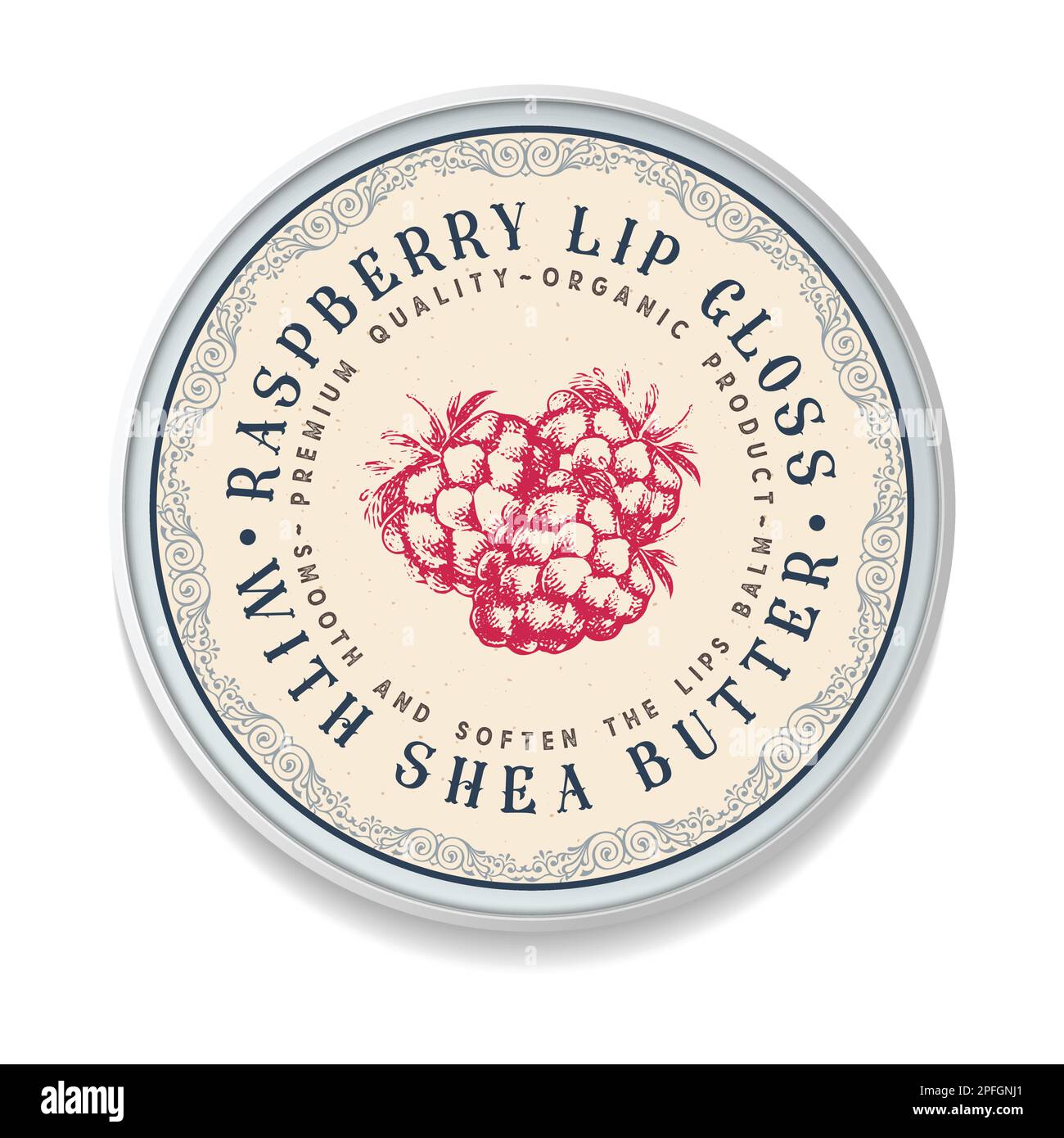 Confezione con etichetta Raspberry Lips Balm Vintage, forma rotonda. Ideale per confezioni, etichette, adesivi, ecc. Perfetto per il vostro business. Stile semplice. Piatto Illustrazione Vettoriale