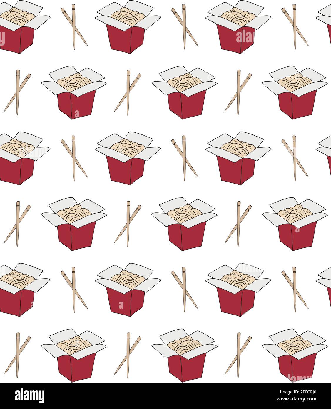 Modello vettoriale senza cuciture di bozzetto disegnato a mano noodle cinese colorato wok isolato su sfondo bianco Illustrazione Vettoriale