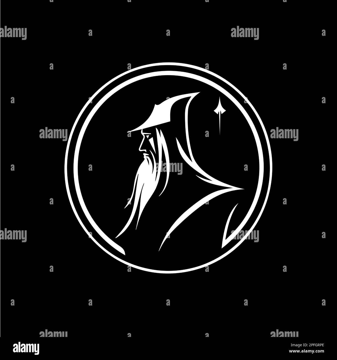 Tatuaggio con silhouette e logo astronomo. Simbolo del Fortune Teller su sfondo nero, icona della linea del mago. Illustrazione vettoriale Illustrazione Vettoriale