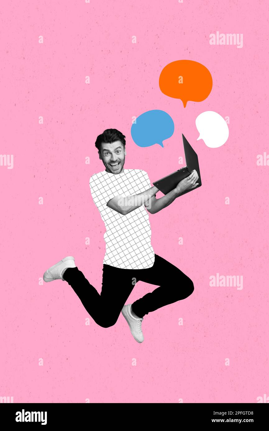 Banner poster collage di un giovane ragazzo divertente utilizzando netbook chatting amici Global social media network inviare mente cloud Foto Stock