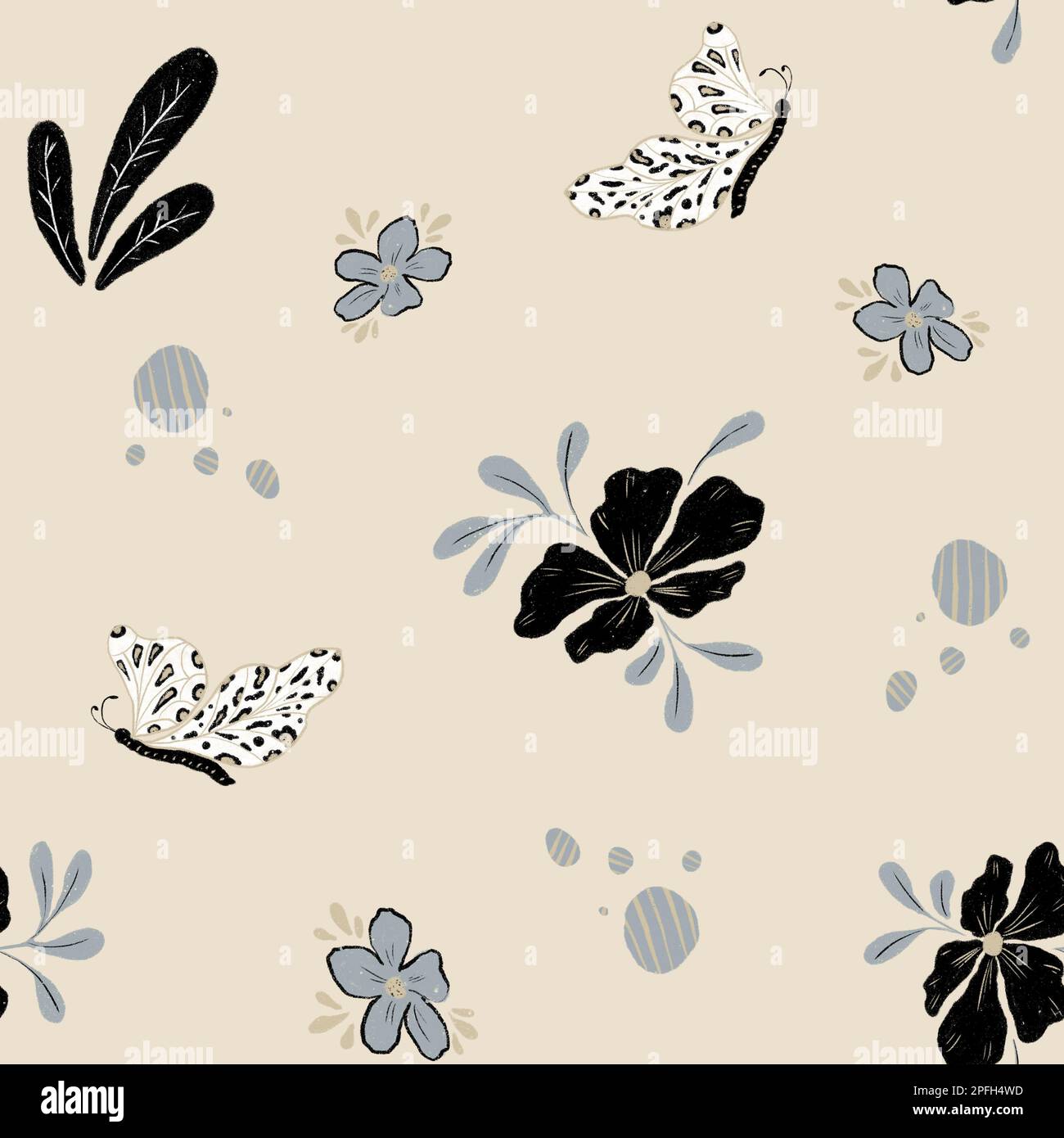 Motivo floreale senza cuciture in colori monocromatici. Disegno a mano di insetti e fiori, farfalle. Design per regali, tessuti, carta da parati Foto Stock