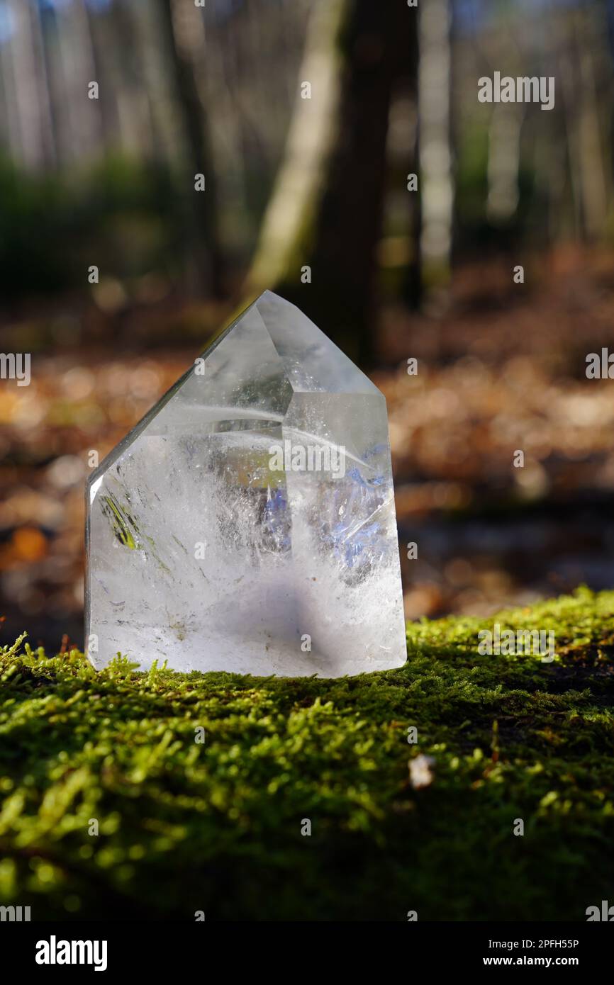 Quarzo cristallino limpido nella foresta. Natura e armonia. Foto Stock
