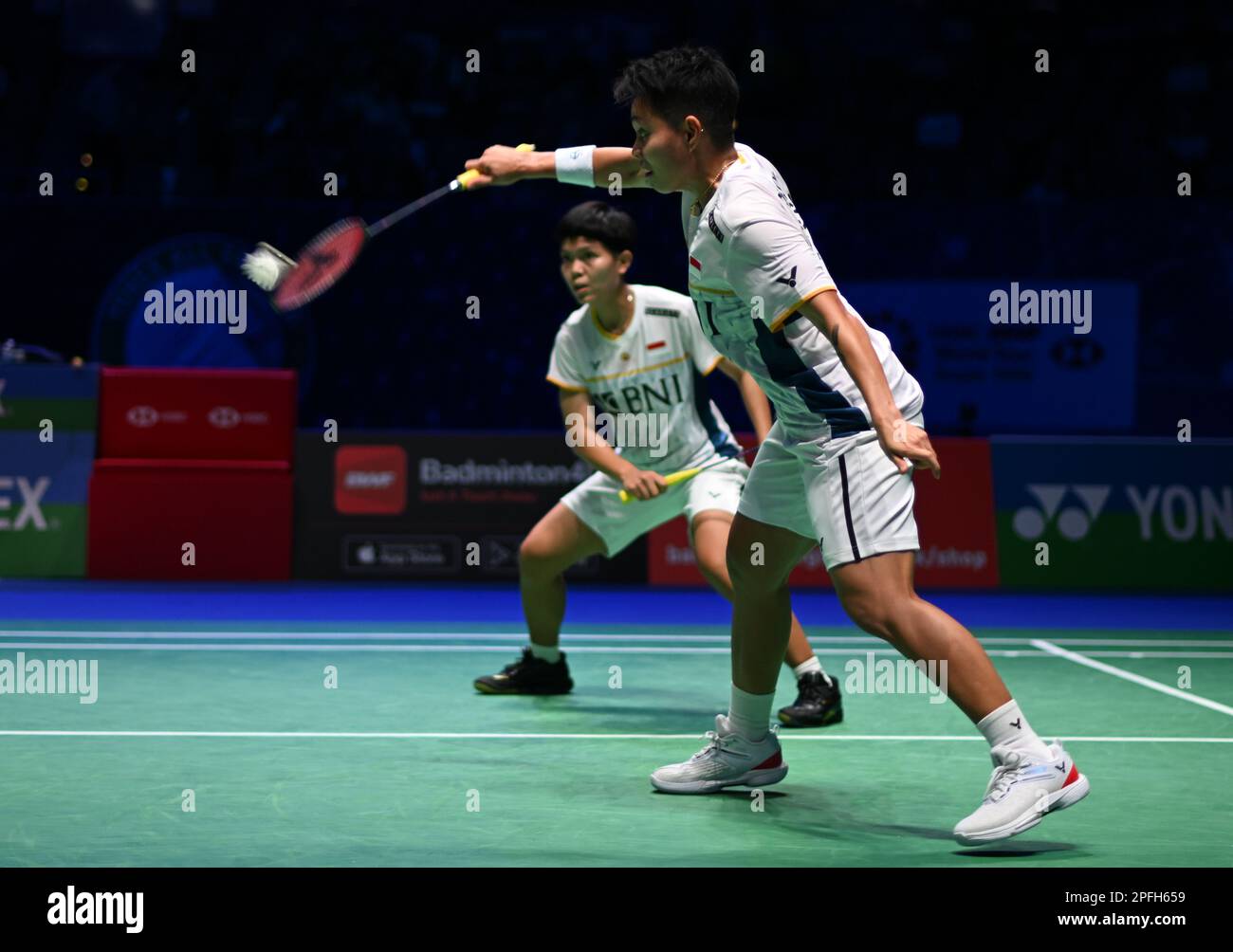 Utilita Arena, Birmingham, Regno Unito. 17th Mar, 2023. 2023 YONEX All England Open Badminton Championships, Quarter Finals Day 4; Apriyani RAHAYU e siti Fadia Silva RAMADHANTI contro BAEK ha Na e LEE so Hee nel concorso Womens Doubles, Apriyani RAHAYU gioca un colpo di credito: Action Plus Sports/Alamy Live News Foto Stock