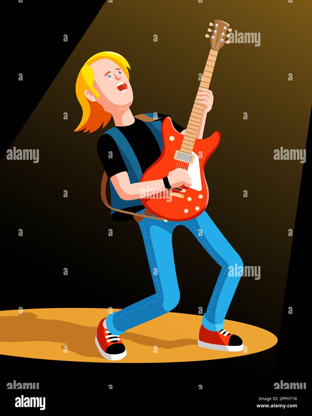 Chitarrista rock con chitarra elettrica in stile cartoon Illustrazione Vettoriale