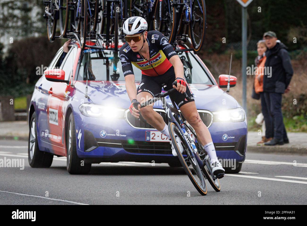 Il belga Tim Merlier di Soudal Quick-Step ha mostrato in azione durante la gara ciclistica di un giorno 'Bredene Koksijde Classic', a 191,6 km da Bredene a Koksijde, venerdì 17 marzo 2023. BELGA FOTO KURT DESPLENTER Foto Stock