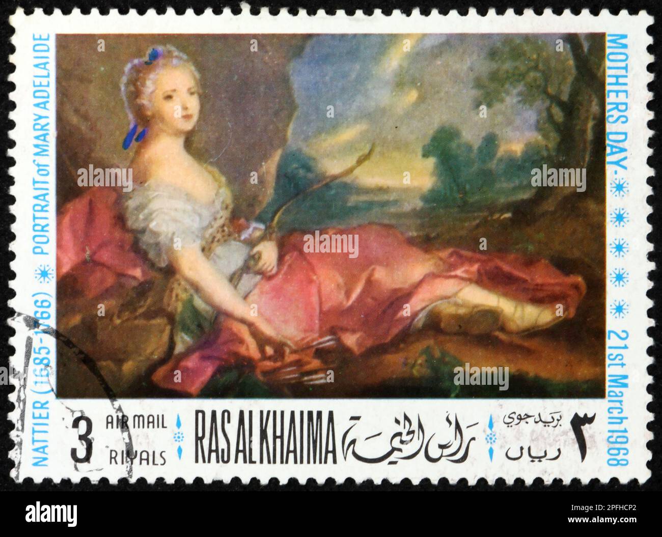 RAS al-KHAIMAH - CIRCA 1968: Un francobollo stampato in Ras al-Khaimah mostra la principessa Marie-Adelaide, dipinto di Nattier il giovane (1685-1766) pittura francese Foto Stock