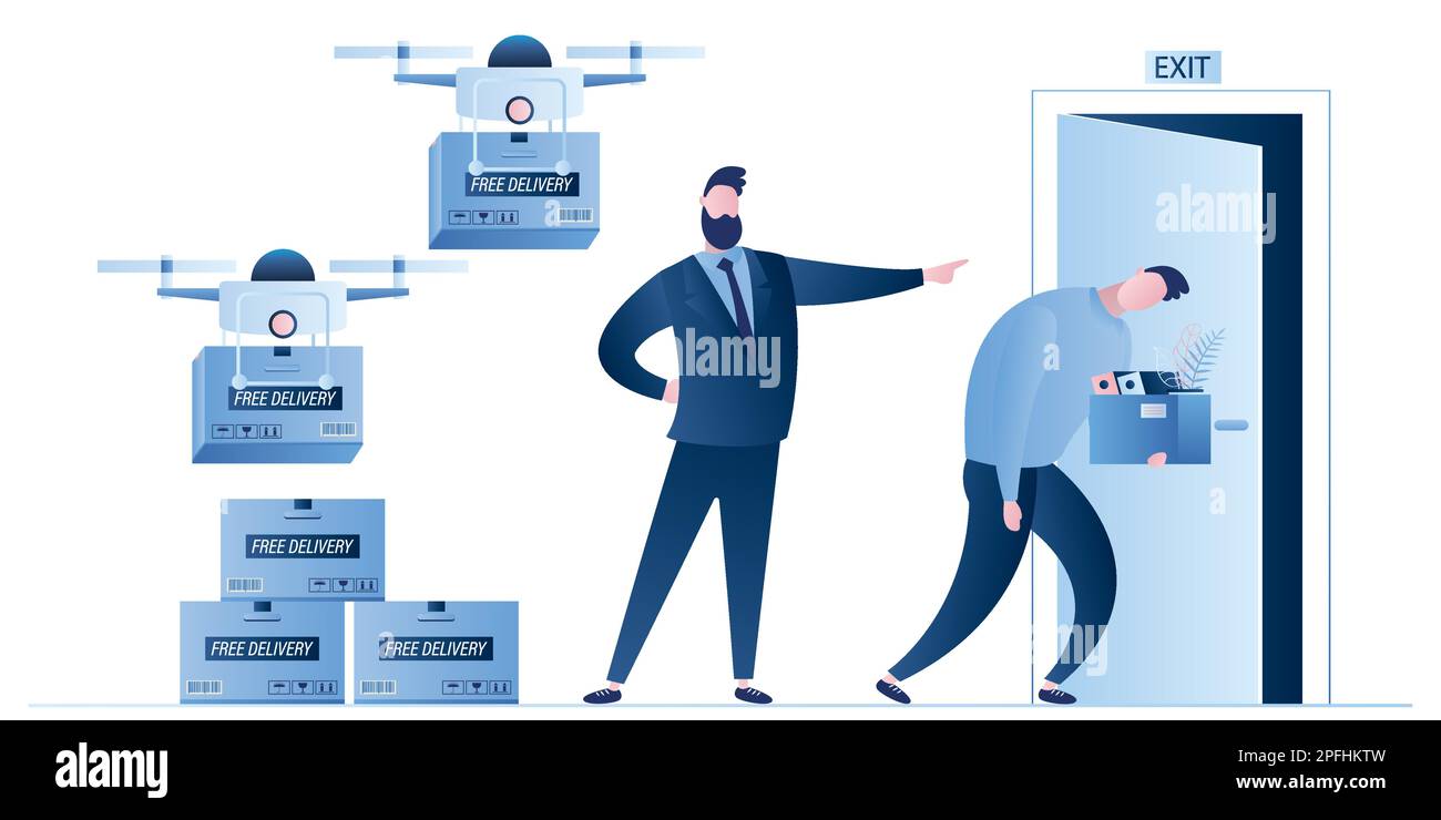 Consegna drone con box.New tecnologia di trasporto e imprenditore licenziato deliveryman worker.Boss fuoco maschio employee.Artificial intelligence e. Illustrazione Vettoriale