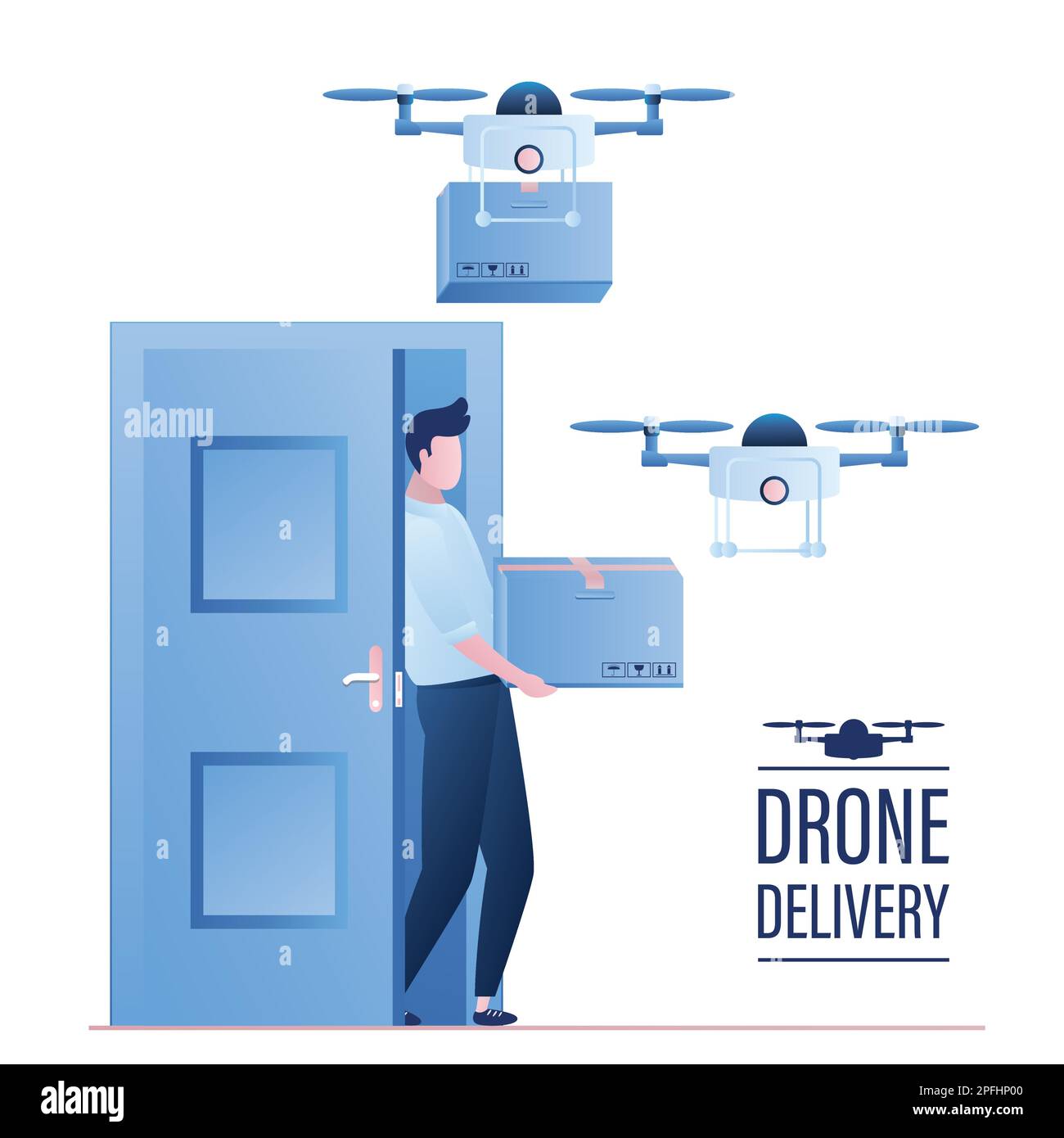 Consegna delle merci all'acquirente. Cliente maschio felice vicino alla porta e drone di consegna con scatola pacchi. Trasporto tecnologico futuro e uomo alla moda Illustrazione Vettoriale