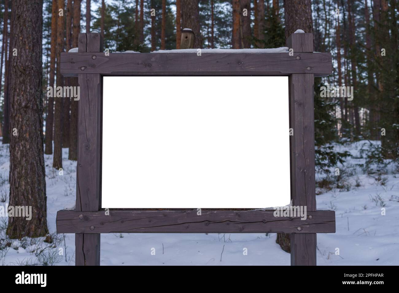 Lavagna bianca vuota con una cornice in legno nella foresta in inverno. Foto Stock