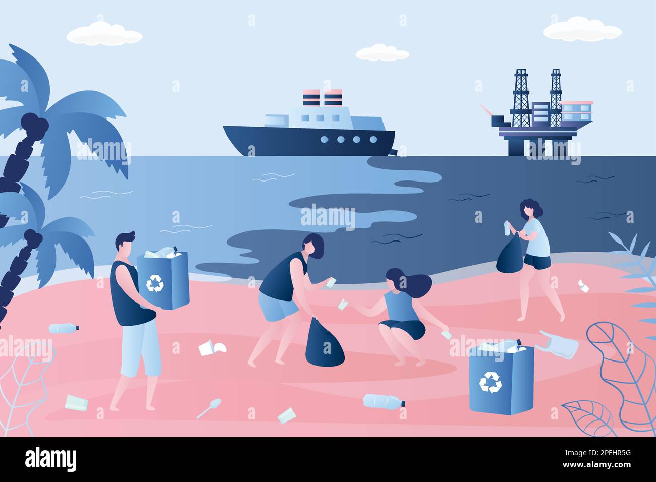 La petroliera e la piattaforma petrolifera inquinano l'oceano. Concetto di problemi di ecologia. Contesto mondiale di inquinamento. Volontari persone che puliscono i rifiuti sulla spiaggia. Uomo Illustrazione Vettoriale