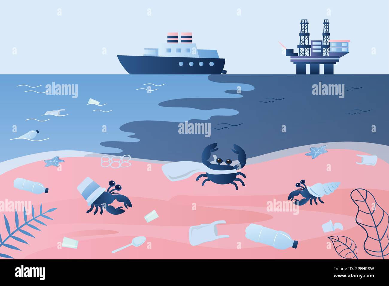 Oceano costa con rifiuti di plastica e rifiuti vari. La petroliera e la piattaforma petrolifera inquinano l'oceano. Concetto di problemi di ecologia. Contesto mondiale di inquinamento. Illustrazione Vettoriale